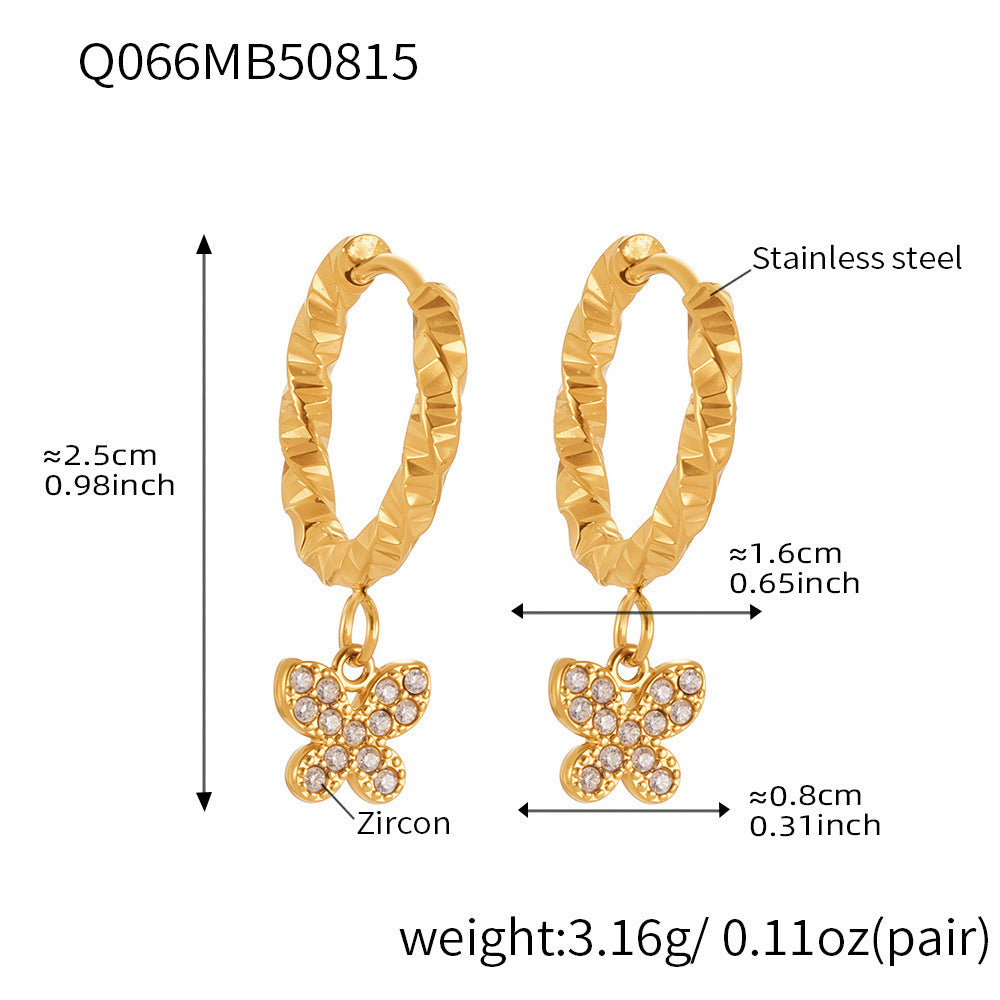 B廠【Q062】歐美飾品不銹鋼蝴蝶吊墜帶鑽耳環鍍18k真金跨境熱銷耳飾女 25.08-5