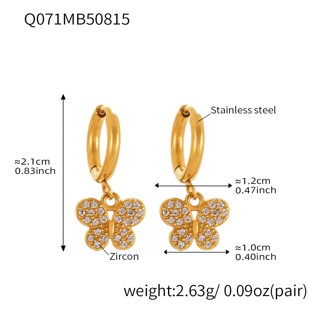 B廠【Q062】歐美飾品不銹鋼蝴蝶吊墜帶鑽耳環鍍18k真金跨境熱銷耳飾女 25.08-5