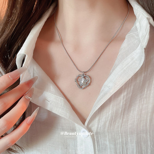 A廠【HN9779】不銹鋼星星愛心吊墜項鍊時尚冷淡風氣質鎖骨鍊個性小眾設計感項鍊 25.08-3