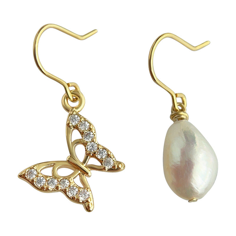 C廠【4170】升級版異形巴洛克淡水珍珠不對稱設計感小巧微鑲鋯石蝴蝶耳環耳環 24.05-5