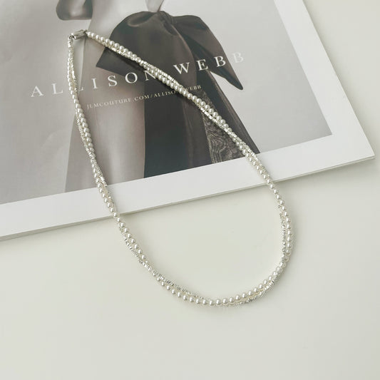 F廠【SN3103】氣質雙層疊戴元寶扣S925純銀仿珍珠鍊項鍊女碎銀子鎖骨鏈
 25.09-4