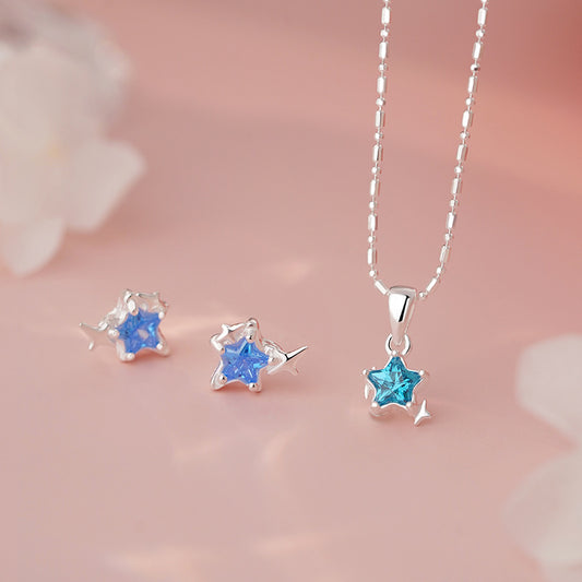 E廠【YC1617N】S925純銀藍色星星套裝項鍊耳環搭配夏季甜美新款韓風首飾 25.06-3