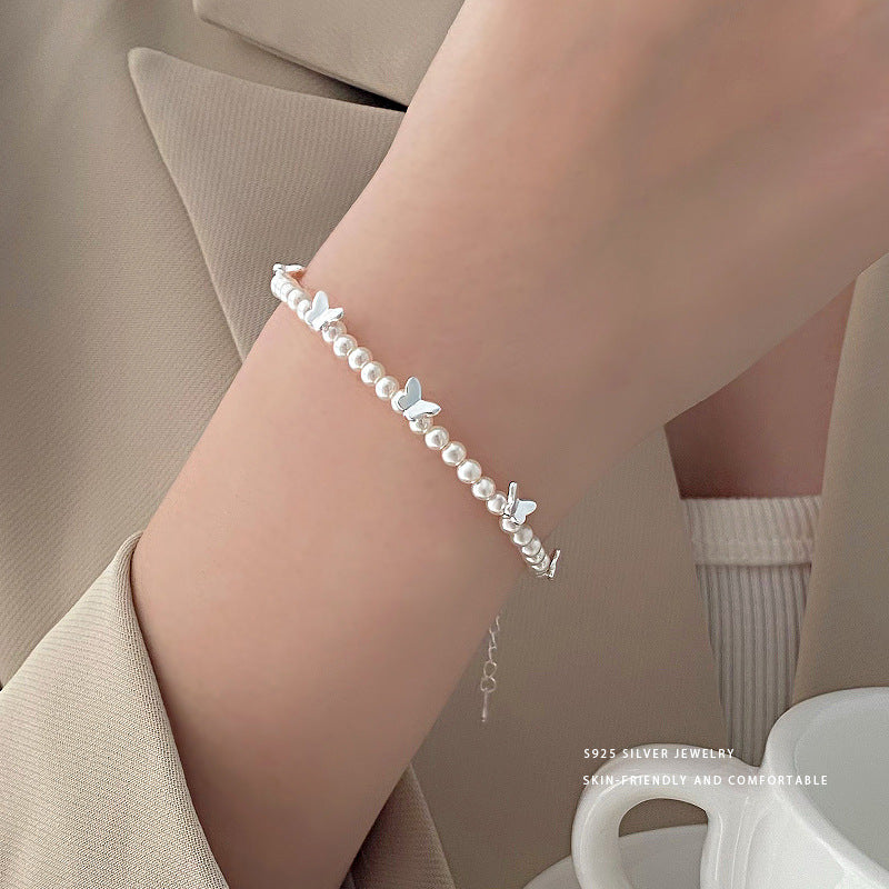 E廠【YC5283SL】S925純銀甜森蝴蝶珍珠手鍊女輕奢小清新仙女風手飾品 24.01-3