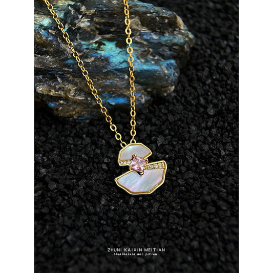 C廠【6637】厚鍍18K真金強保色微鑲鋯石貝殼幾何扇形項鍊清新 甜美鎖骨鏈
 25.08-5