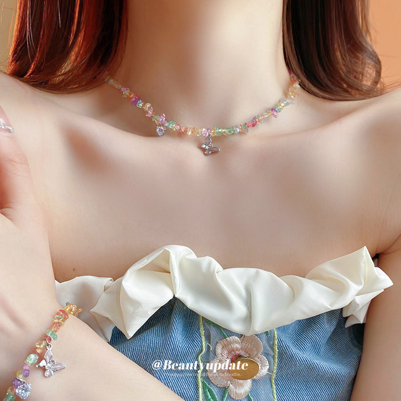 A廠【HB2180-HN5779】多巴胺鑲鑽蝴蝶愛心鋯石項鍊套裝小清新甜美設計感鎖骨鏈新款項飾 24.04-4