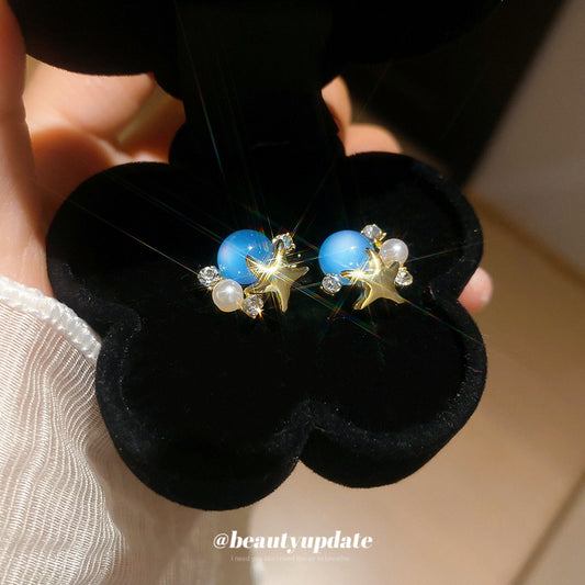 A廠【HE26269】925銀針鑲鑽海星珍珠耳環海邊度假風時尚百搭耳環輕奢高級感氣質耳飾 25.05-1