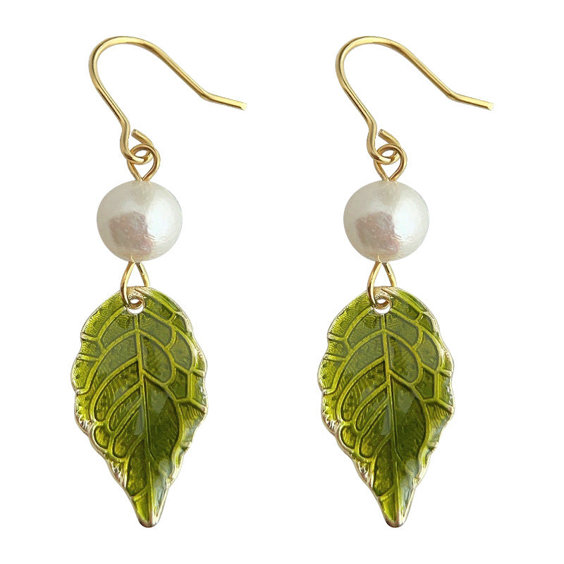 C廠【4175】原創設計!淡水珍珠森系琺瑯滴釉質感樹葉耳環女氣質優雅耳飾 24.05-5