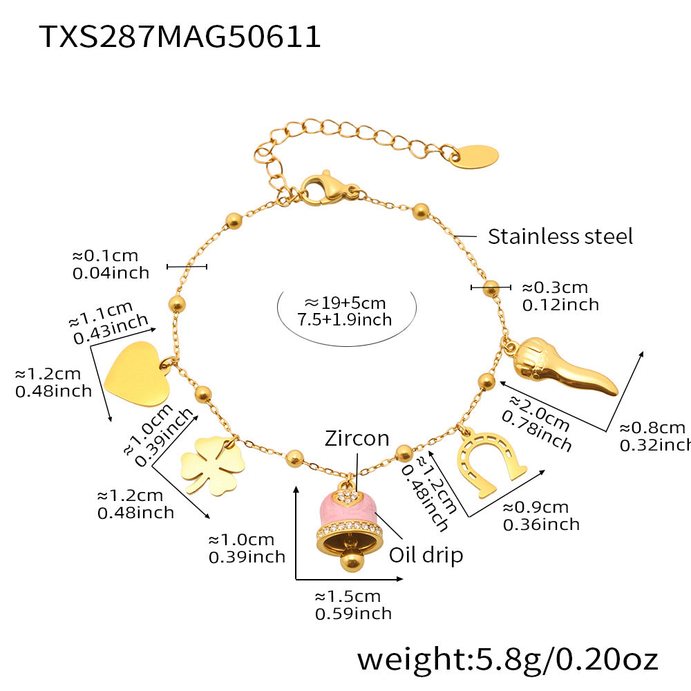 B廠【TXP287】法式浪漫彩釉小鈴鐺愛心幸運草多配件吊墜項鍊手鍊腳鍊套裝 25.06-4