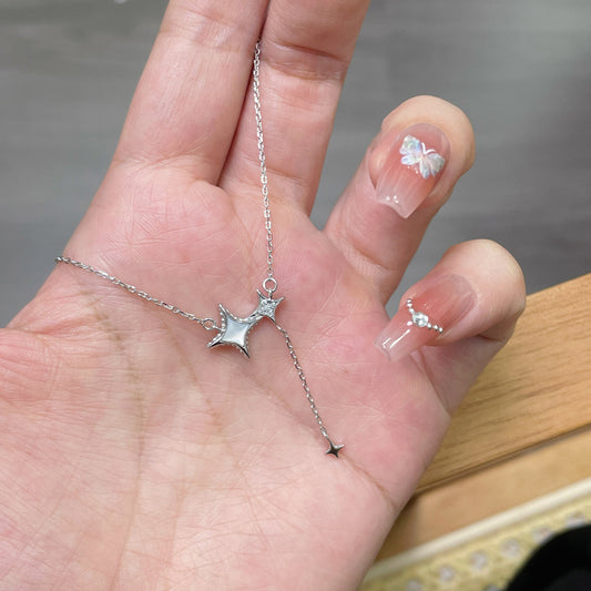F廠【DQ1177N】小眾設計感貝殼四芒星項鍊女S925純銀簡約ins星星流蘇鎖骨鏈 25.06-3