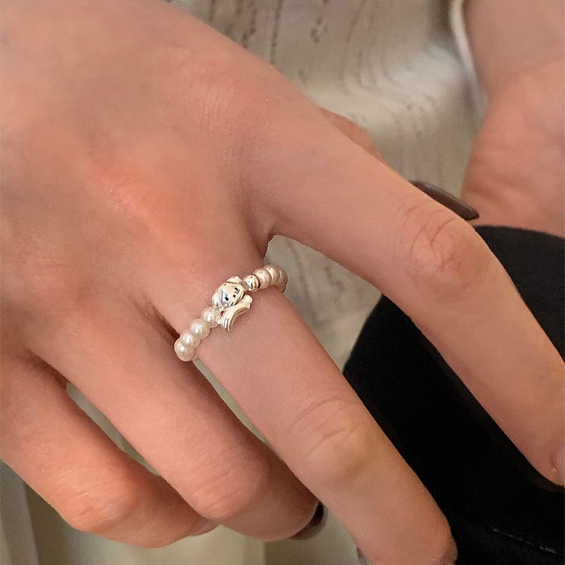 F廠【DQ8547R】S925純銀韓版施家仿珍珠小狗戒指女精緻時髦感手工設計食指戒 25.05-5