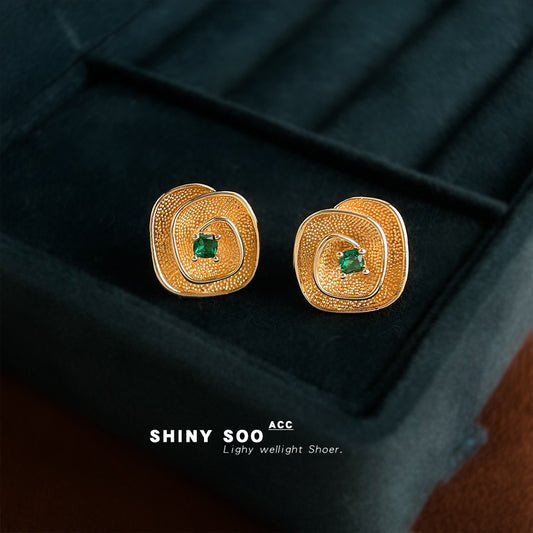 C廠【6954】文藝復古時尚高級感微鑲鋯石幾何立體方形925銀針耳環耳飾女
 25.10-4