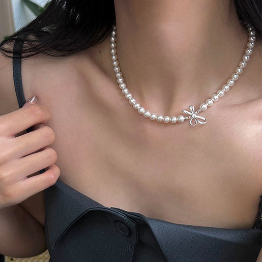 F廠【SN3342】輕奢小眾S925純銀絲帶立體蝴蝶結項鍊正圓仿珍珠高級感鎖骨鏈
 25.09-4