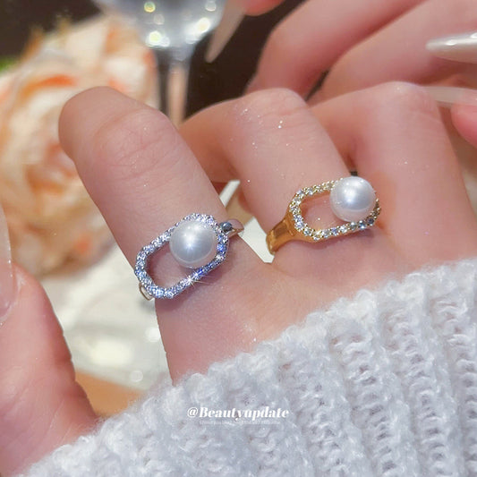 A廠【WR460】超閃鋯石珍珠幾何橢圓形開口戒指時尚簡約食指戒輕奢高級感指環女
 25.10-3