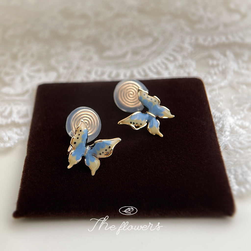 C廠【6167】【蝶群】幻彩蝴蝶琺瑯滴釉手工彩繪925銀針鍍14K新款耳飾耳環 25.06-1