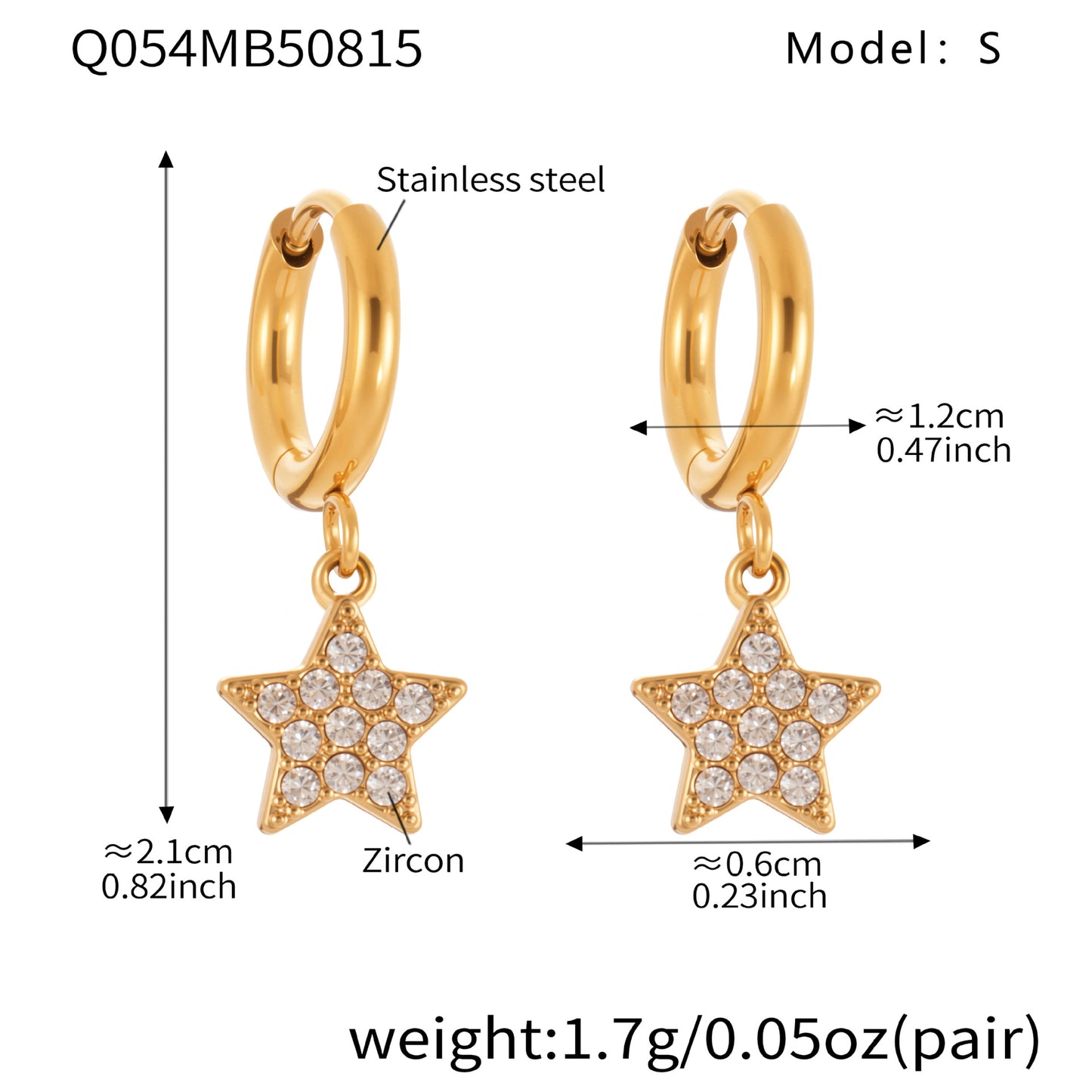 B廠【Q052】歐美飾品不鏽鋼五角星滿鑽鋯石耳環鍍18k真金氣質時尚耳飾 25.08-5