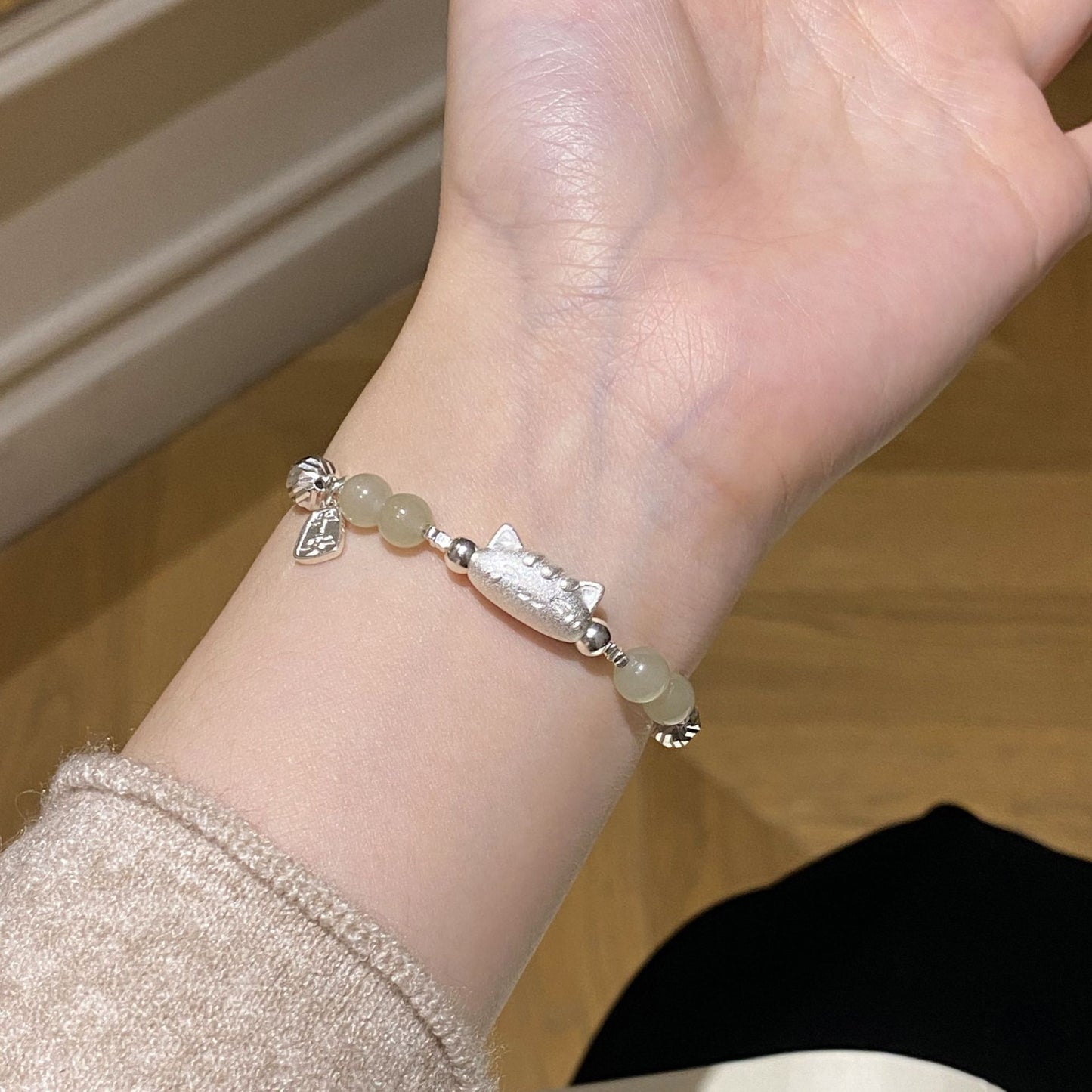 F廠【DQ0493S】S925純銀法棍貓天然與田玉手鍊S925純銀碎銀子小眾精緻手飾女
 25.10-4