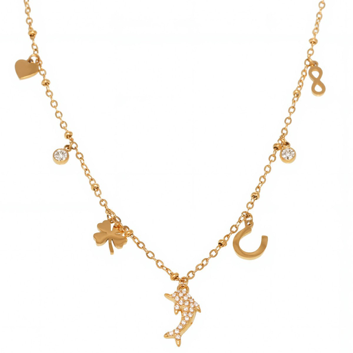 B廠【P1335】不鏽鋼5A鋯石小海豚8字多配件吊墜疊戴項鍊鍍18k真金飾品女 25.05-2