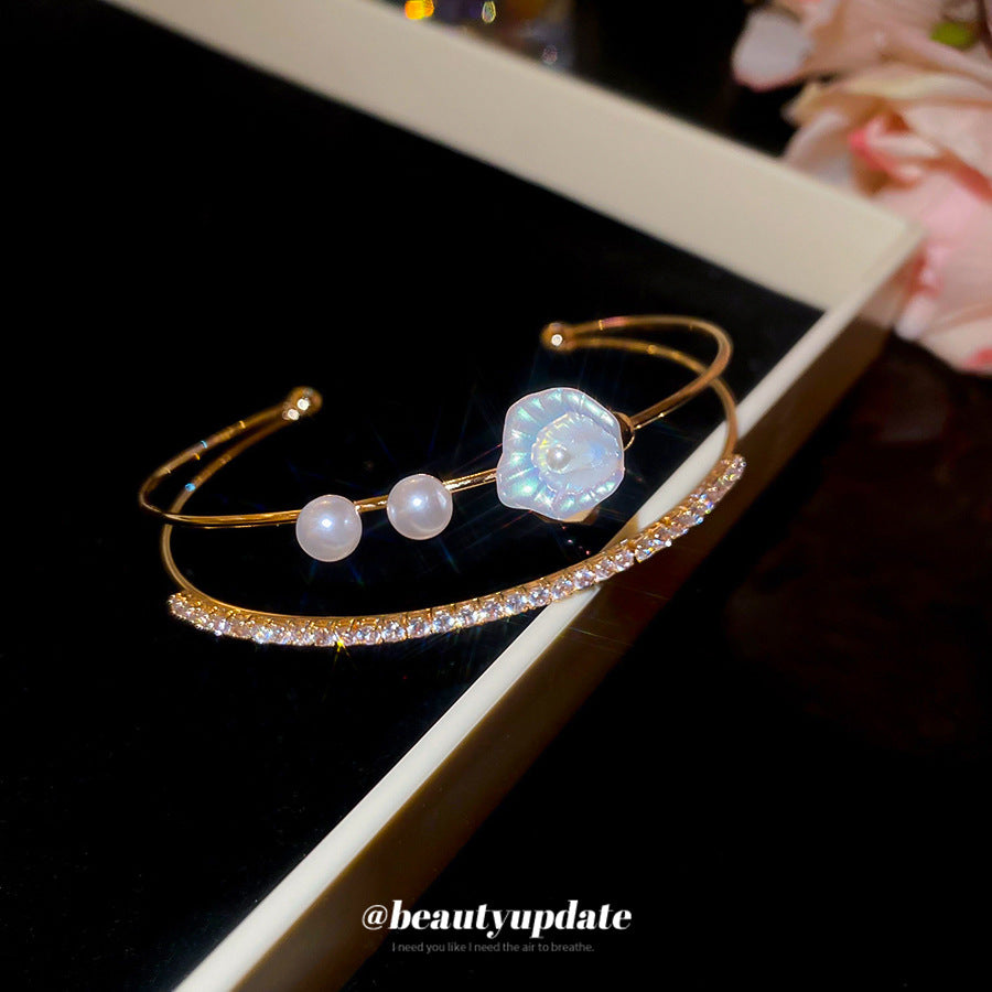 A廠【HB3664】鋯石雙層花朵珍珠開口手鐲2025小眾百搭手環輕奢高級感手飾 25.04-1