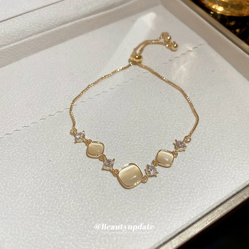 A廠【HB3144】全新品鑲鑽方形貓眼石拼接手鍊精緻時尚手環法式輕奢小眾氣質手飾女 24.09-4