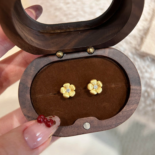 F廠【DQ10193E】S925純銀新中式拉絲小金花耳環女氣質時髦感花朵耳環時尚文藝
 25.08-5