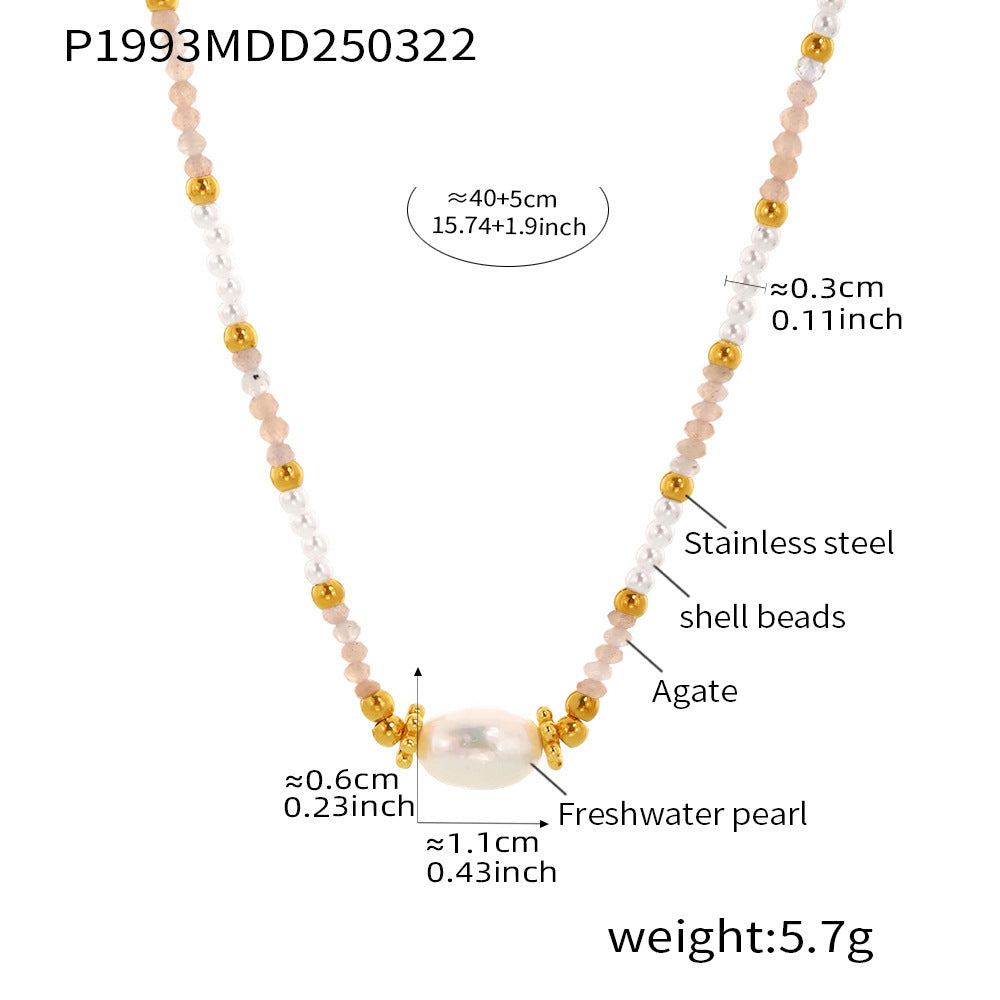 B廠【P1993】ins跨境施家貝珠切面天然石手工鏈串珠米珠項鍊不鏽鋼飾品 25.03-4