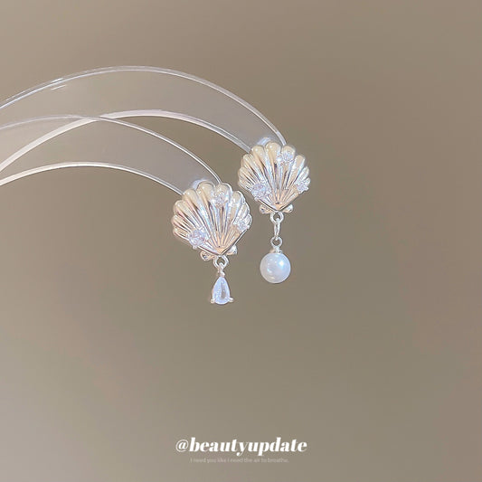 A廠【HE26959】925銀針鋯石貝殼珍珠吊墜耳環個性冷淡風百搭耳環時尚潮流氣質耳環女 25.06-2