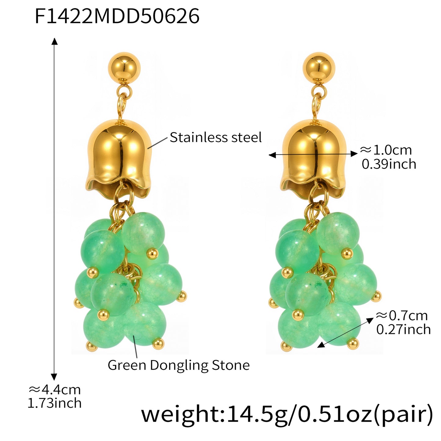 B廠【F1422】天然綠東陵石貝珠流蘇小葡萄造型耳環不鏽鋼18k鍍金耳環女 25.07-1