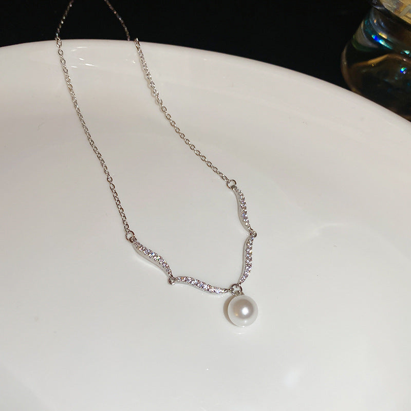 A廠【HN8134】簡約鋯石簡約珍珠項鍊輕奢高級感氣質鎖骨鏈小眾百搭設計項鍊配件 25.01-2