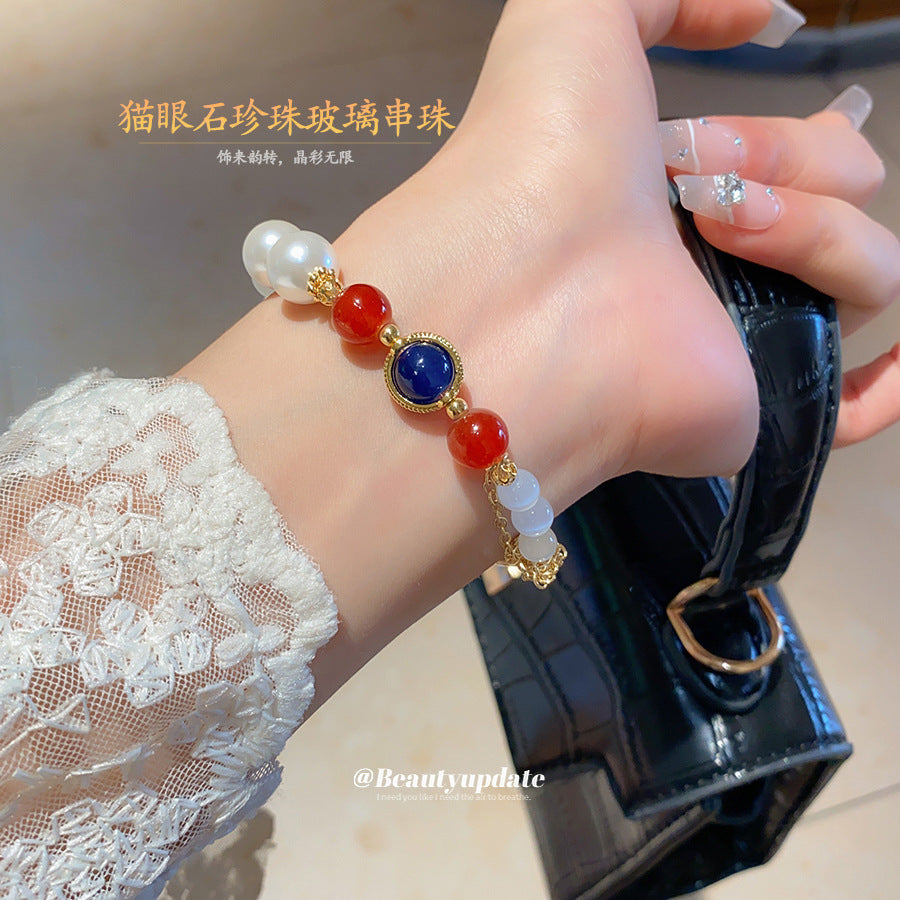 A廠【HB3774】貓眼石珍珠串珠手鍊新中式小眾清新百搭手串手環輕奢高級感手飾女 25.05-1