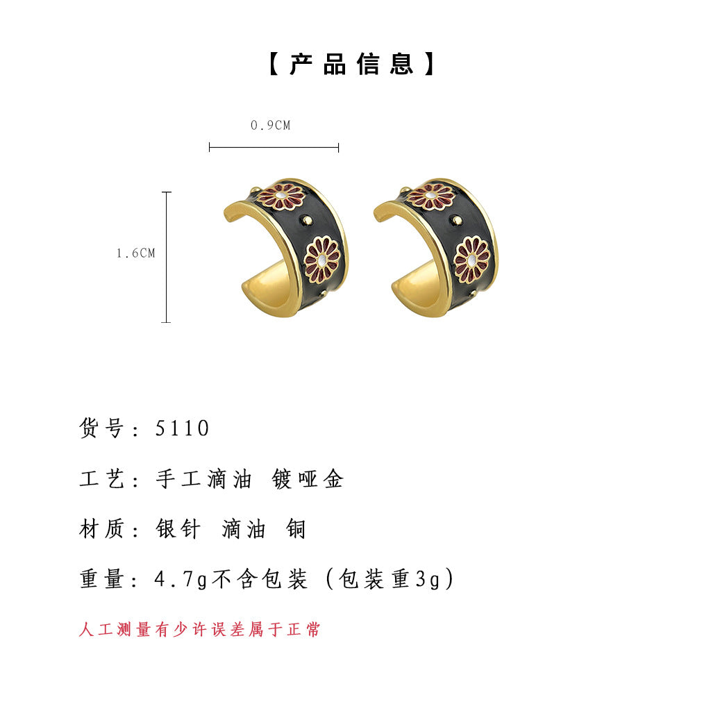 C廠【5110】復古日系小雛菊半圓耳環手工琺瑯彩清新甜美高級感百搭耳飾耳環女 24.11-2