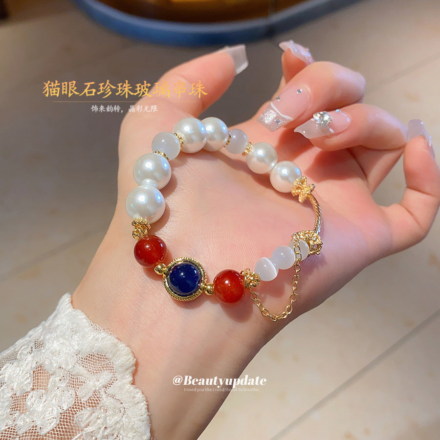 A廠【HB3774】貓眼石珍珠串珠手鍊新中式小眾清新百搭手串手環輕奢高級感手飾女 25.05-1