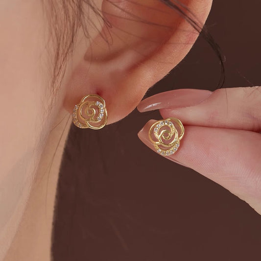 F廠【DQ10208E】S925純銀新中式天然玉髓玫瑰耳環女小眾設計花朵天然石耳飾潮 25.05-2