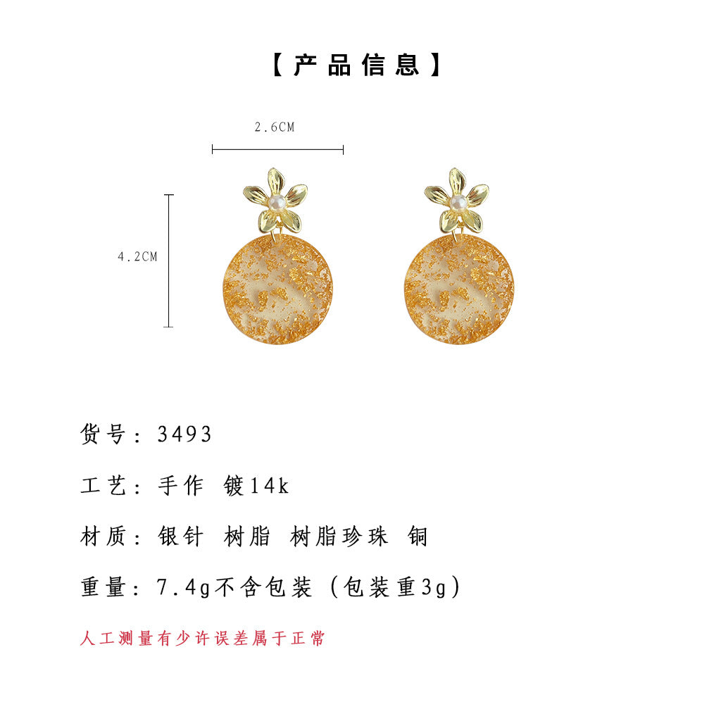 C廠【3493】原創設計撒金箔效果手工幾何耳環新中式立體桃花高級感珍珠耳飾女 25.05-1