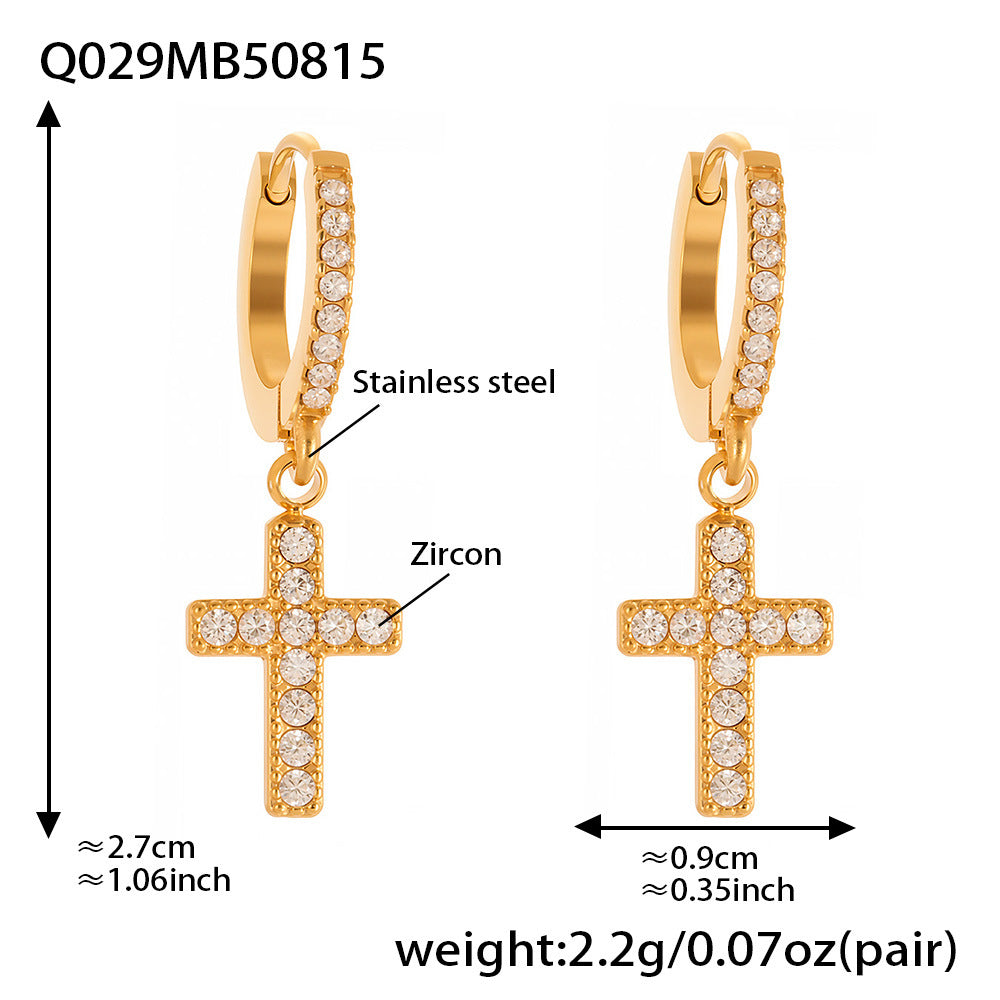 B廠【Q015】不鏽鋼超閃5A鋯石十字架耳環跨國簡約輕奢風耳環鍍18k真金 25.08-5