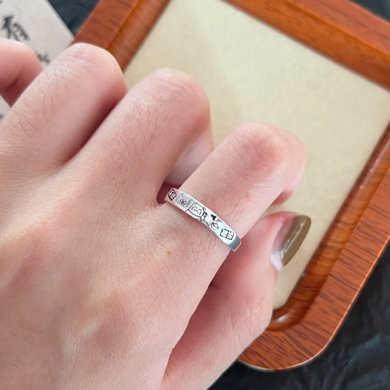 F廠【DQ8593R】999足銀新中式吉言貓咪戒指女時尚簡約納福小貓純銀推拉指環 25.04-2