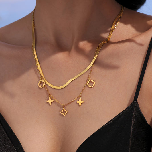 B廠【TXP257】不銹鋼刀片雙層疊戴項鍊鏤空老花設計多配件吊墜首飾套裝女 25.05-2