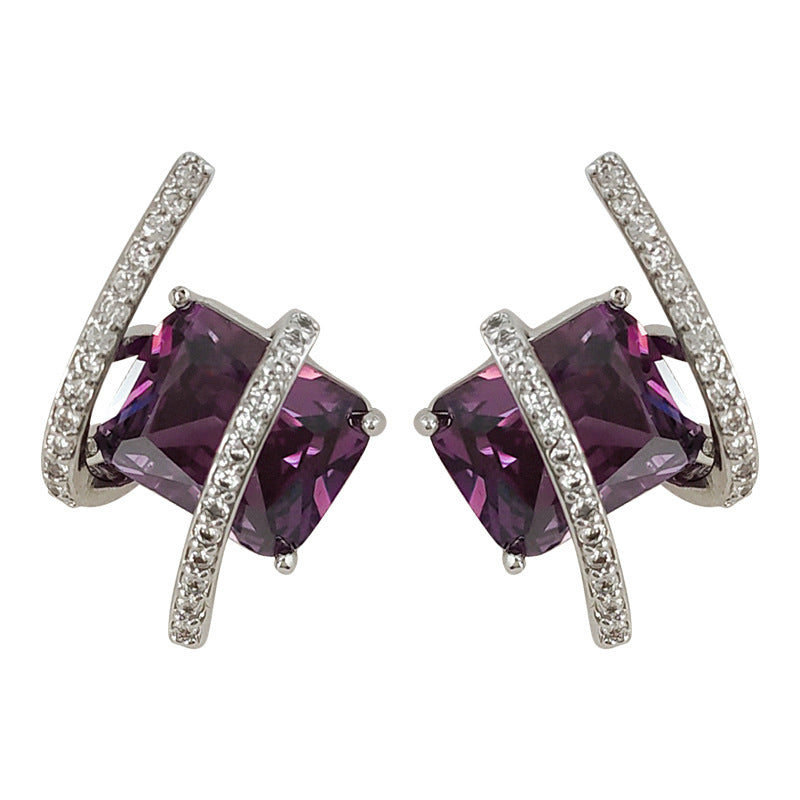 C廠【2693】輕奢風高級感紫色微鑲鋯石幾何耳環法式晚宴風大氣優雅氣質耳飾女 24.01-1