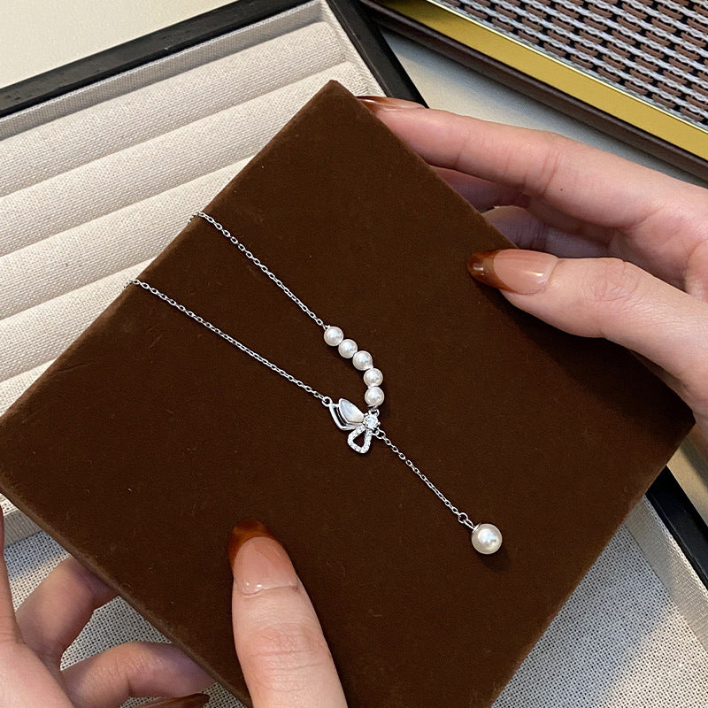 F廠【DQ2062N】S925純銀精緻蝴蝶貝殼項鍊女輕奢高級感仿珍珠流蘇鎖骨鏈 25.02-2