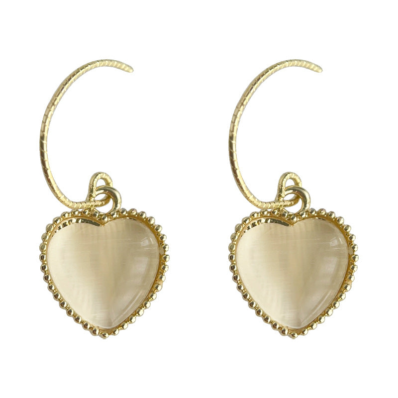 C廠【4086】玻璃貓眼石心型簡約法式耳環女氣質優雅通勤文藝愛心耳飾 24.05-4