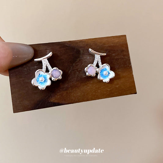 A廠【HE27411】925銀針鋯石滴油櫻桃花朵珍珠吊墜耳環清新甜美耳環輕奢高級感耳飾女 25.06-4