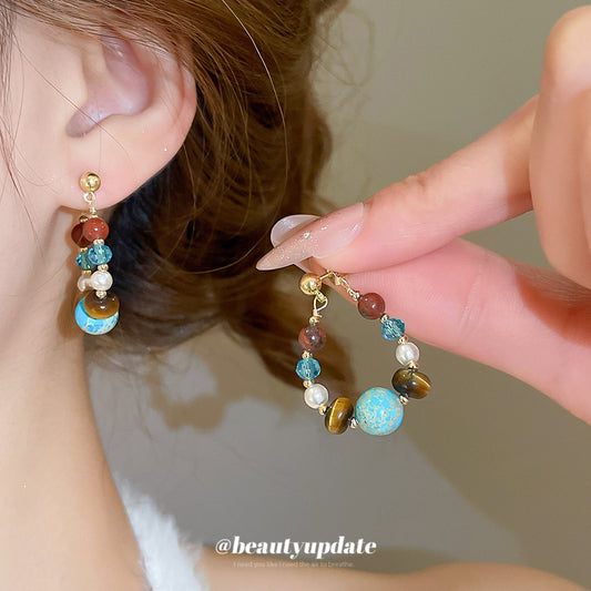 A廠【HE28342】925銀針石頭水晶珍珠圓形串珠吊墜耳環復古民族風耳環小眾設計感耳飾
 25.09-1