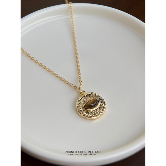 C廠【6633】天然石虎眼石厚鍍18K真金強保色氣質鎖骨鍊眼睛項鍊時尚復古 頸鍊
 25.08-5