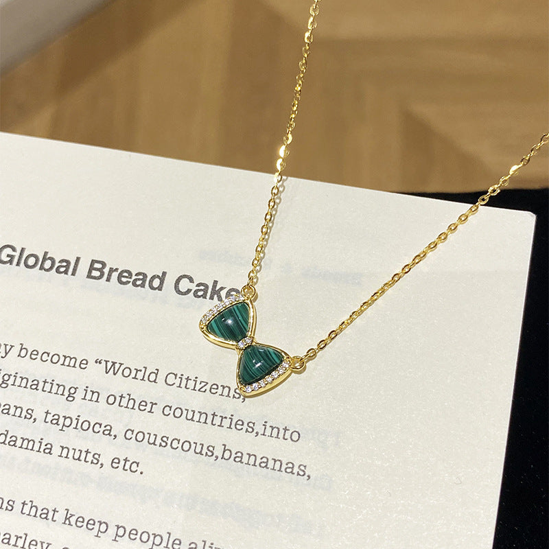 F廠【DQ0252N】時尚復古蝴蝶結仿孔雀石項鍊女S925純銀精緻高級感鎖骨鏈 25.05-5