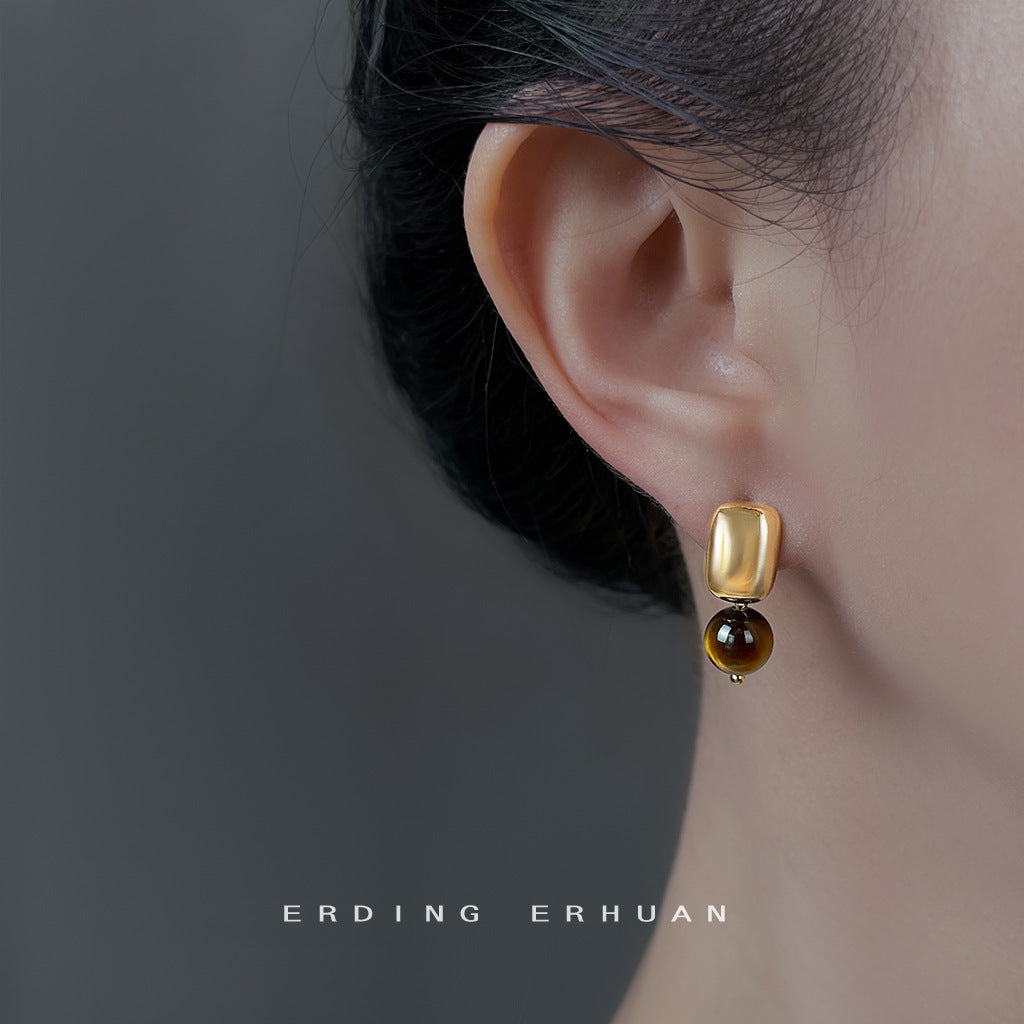 C廠【6947】美拉德風天然石虎眼石時尚高級感鍍14K新款幾何方形耳飾
 25.10-4