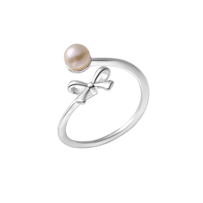 F廠【DQ8231R】韓國東大門淡水珍珠蝴蝶結戒指女S925純銀簡約溫柔開口指環潮 25.04-3