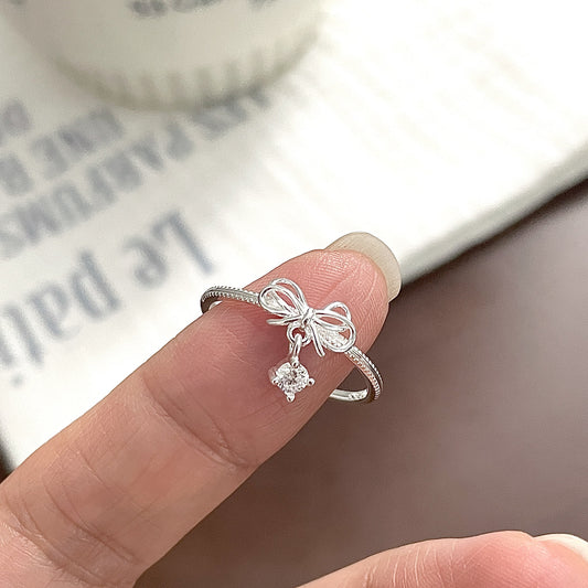 F廠【DQ8077R】韓版小清新鏤空蝴蝶結戒指女S925純銀鋯石流蘇簡約開口食指戒 25.06-4