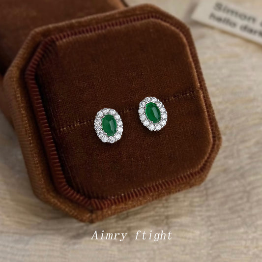 C廠【6876】高級感輕奢風微鑲鋯石925銀針橢圓祖母綠迷你小巧耳環女 氣質耳飾
 25.10-3