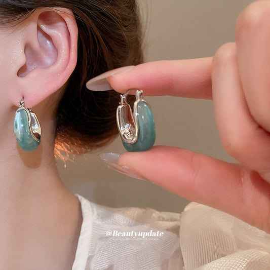 A廠【HE26279】樹脂冰萃薄荷藍U型耳扣小眾輕奢簡約耳環個性時尚氣質百搭耳環女 25.05-2