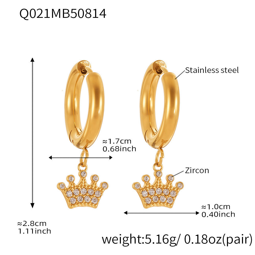 B廠【Q021】歐美飾品不鏽鋼U形皇冠鑲鋯石耳環鍍18k真金時尚耳環不掉色 25.08-5