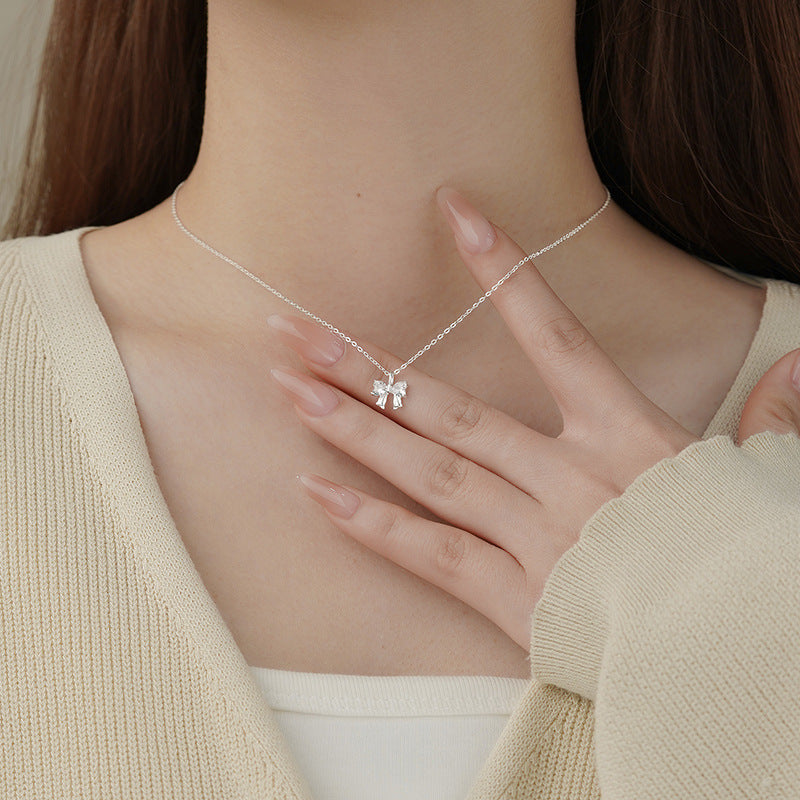 E廠【YC3225N】S999足銀鋯石蝴蝶結項鍊新款輕奢甜美文藝小眾氣質鎖骨鏈 25.03-1